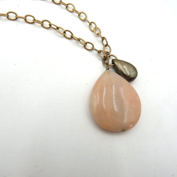 Rose Quartz Necklace 24 " Gold Tone Chain Teardrop Pendant Small Bronze Charm - Picture 6 of 7